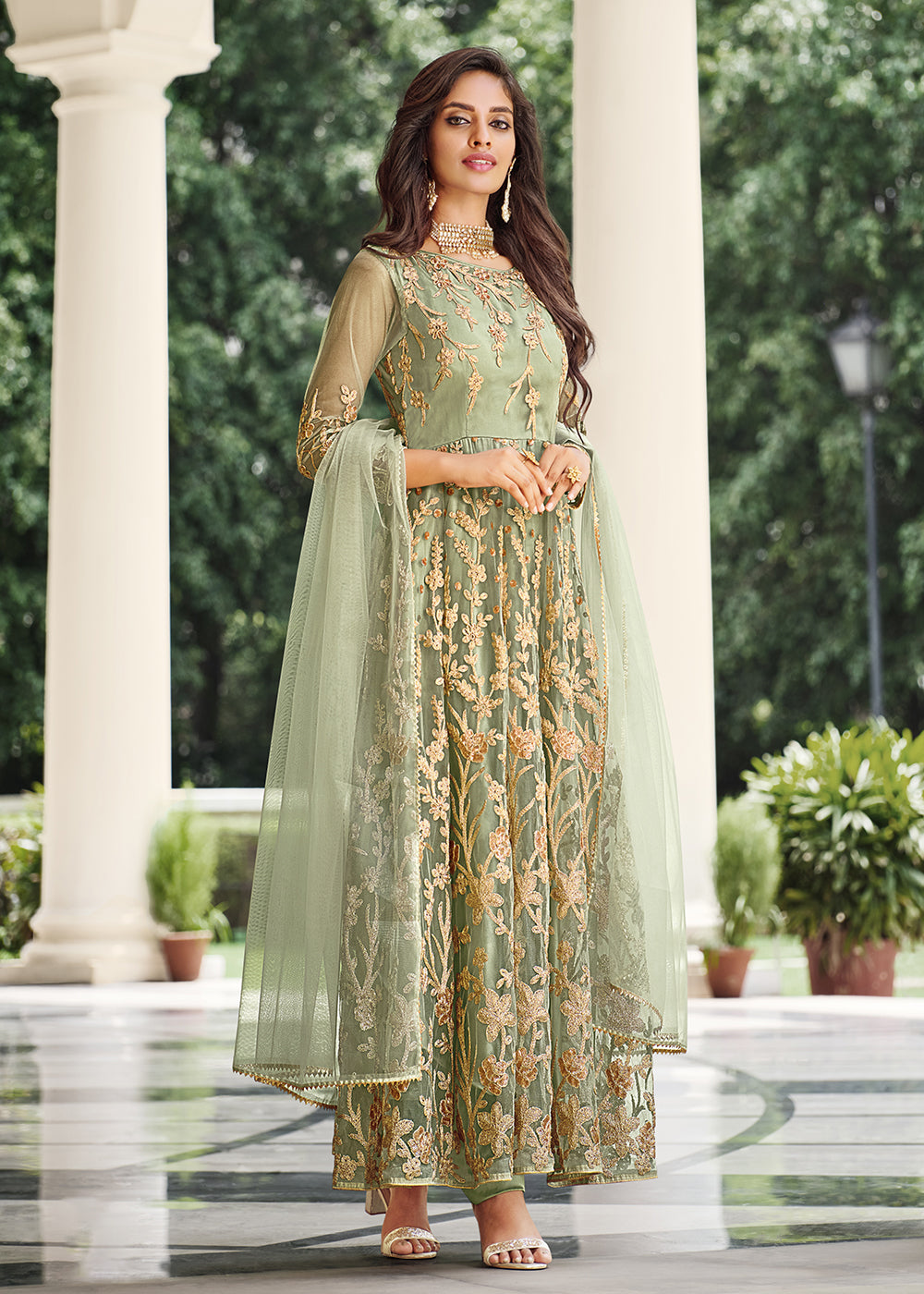 Buy Now Appealing Pista Green Designer Front Slit Anarkali Dress Online in USA, UK, Australia, New Zealand, Canada & Worldwide at Empress Clothing.