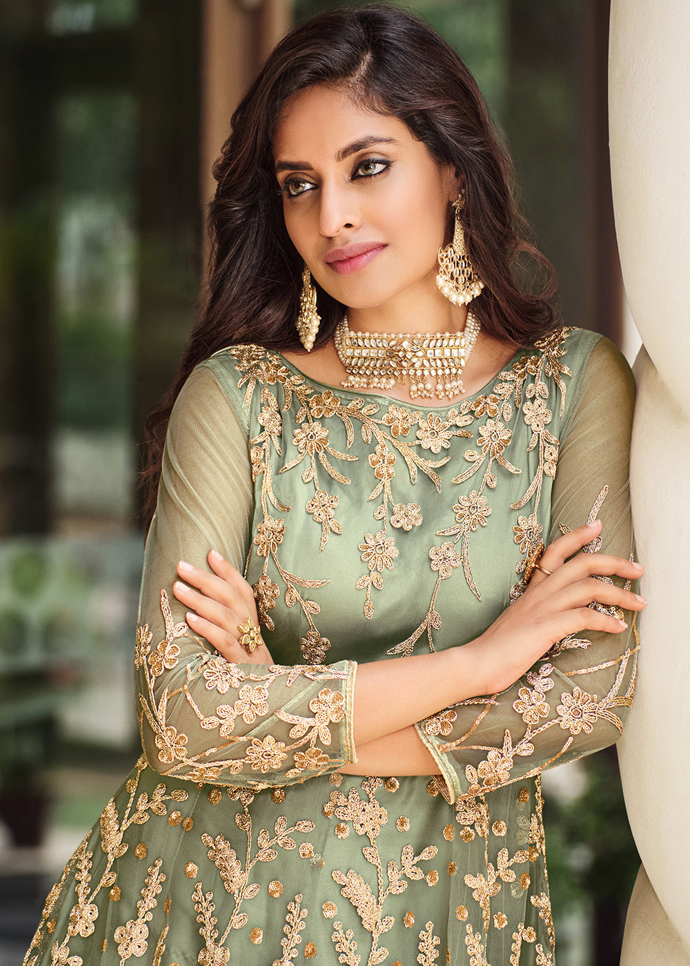 Appealing Pista Green Designer Front Slit Anarkali Dress Appealing Pista Green Designer Front Slit Anarkali Dress