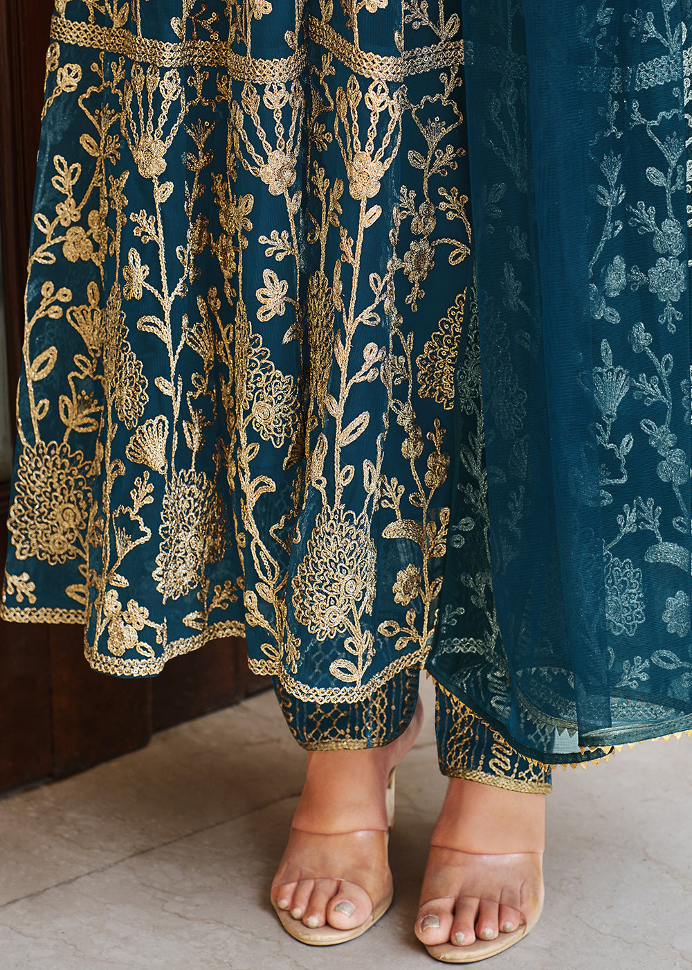 Buy Now Pretty Peacock Blue Designer Front Slit Anarkali Dress Online in USA, UK, Australia, New Zealand, Canada & Worldwide at Empress Clothing.