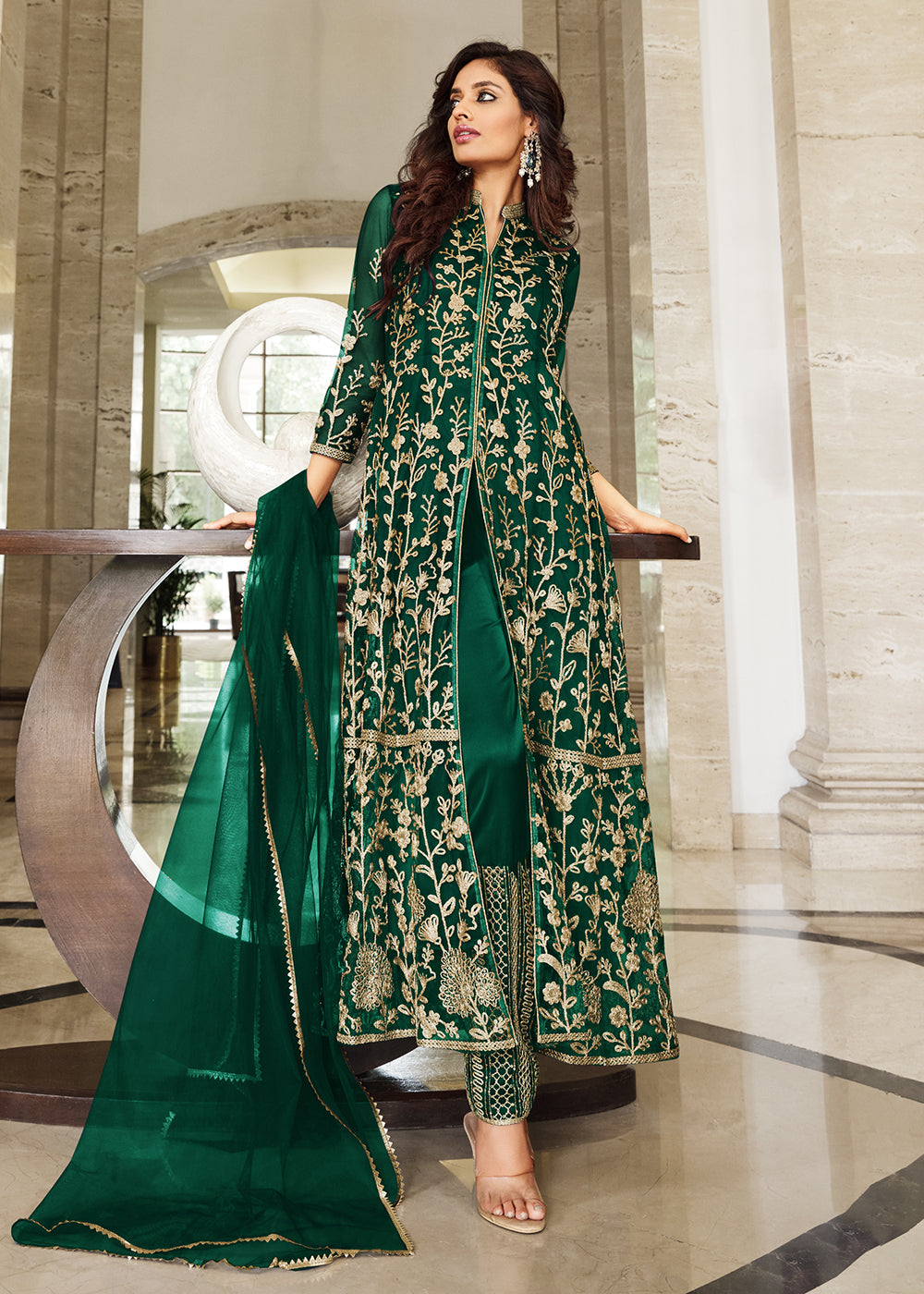 Buy Now Pretty Dark Green Designer Front Slit Anarkali Dress Online in USA, UK, Australia, New Zealand, Canada & Worldwide at Empress Clothing.