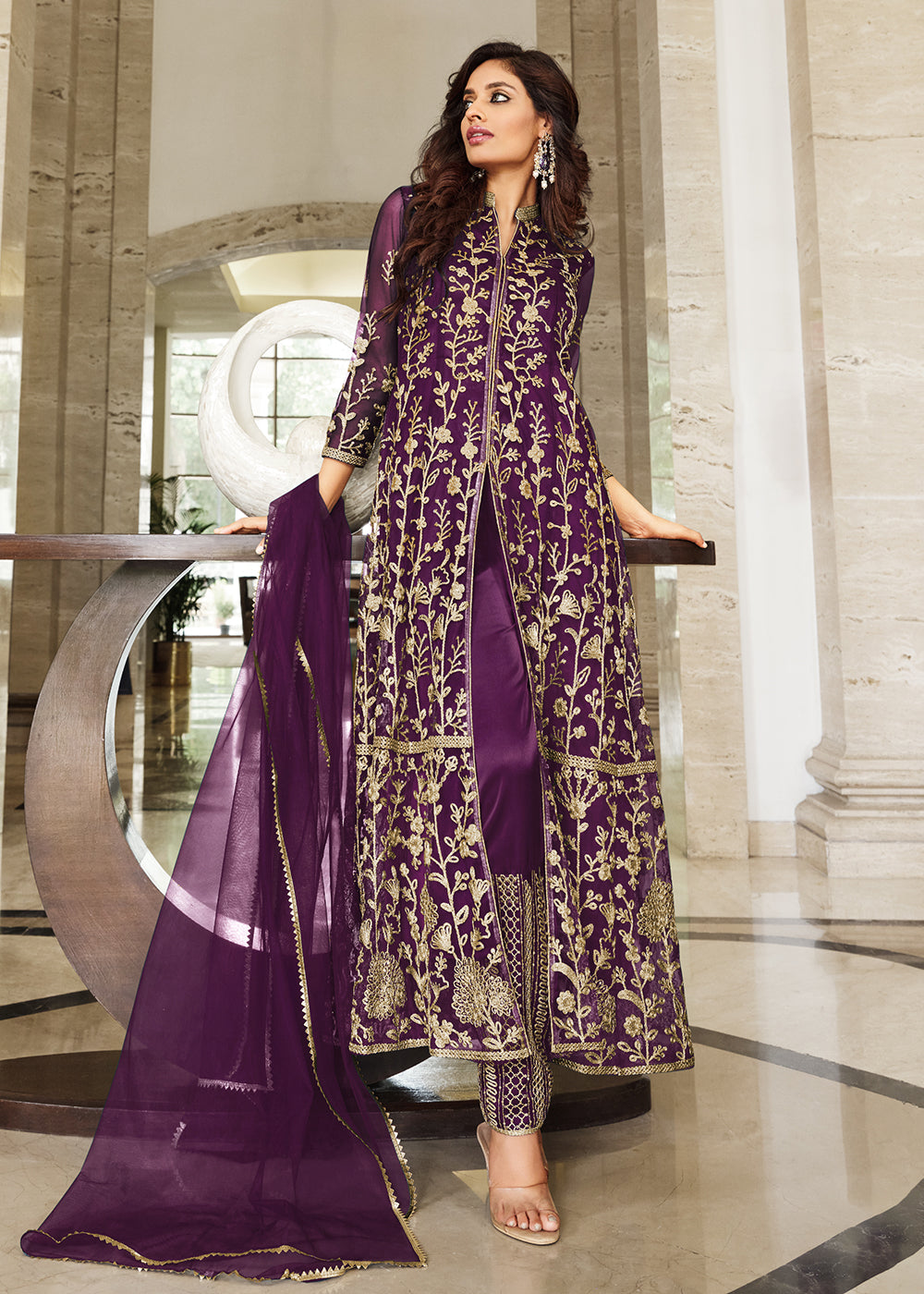 Buy Now Pretty Plum Purple Designer Front Slit Anarkali Dress Online in USA, UK, Australia, New Zealand, Canada & Worldwide at Empress Clothing.