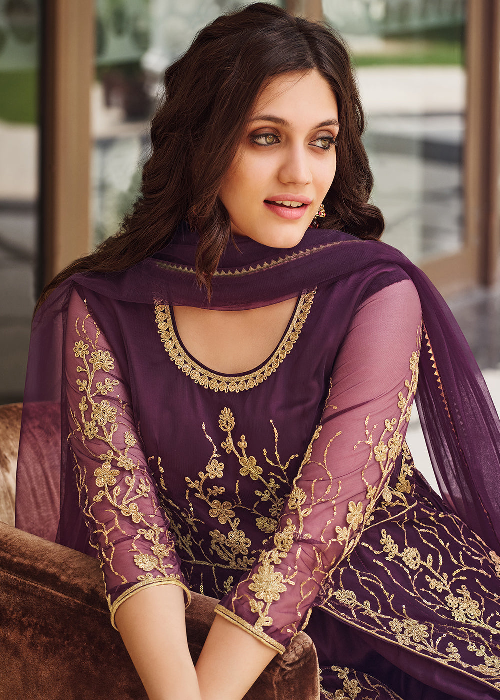 Buy Now Dazzling Wine Purple Designer Front Slit Anarkali Dress Online in USA, UK, Australia, New Zealand, Canada & Worldwide at Empress Clothing. 