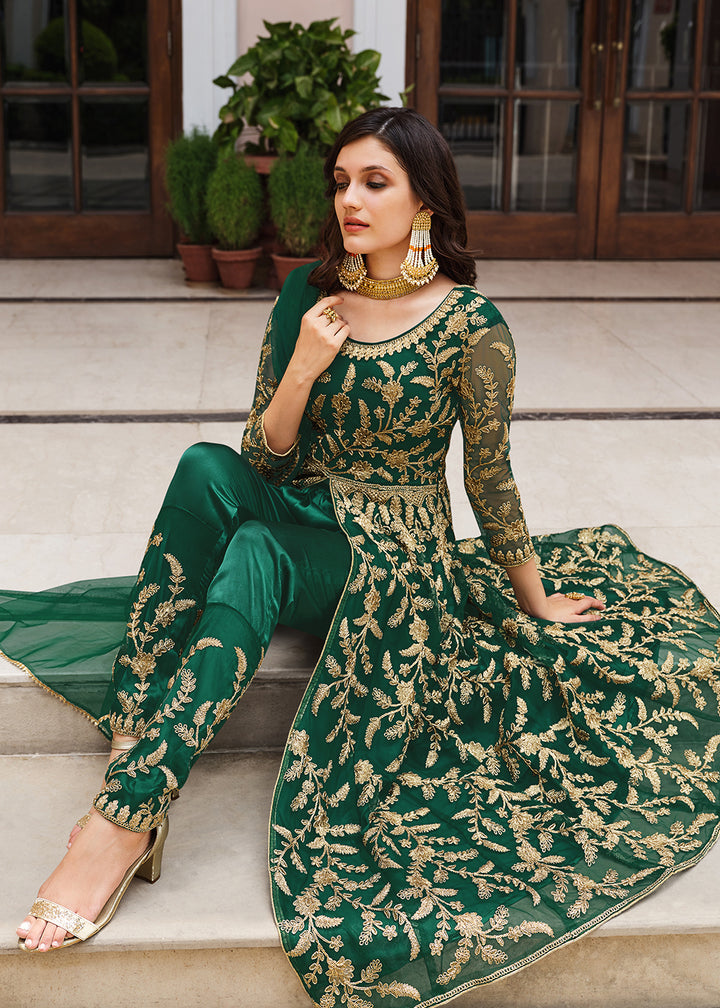 Buy Now Lovely Bottle Green Designer Front Slit Anarkali Dress Online in USA, UK, Australia, New Zealand, Canada & Worldwide at Empress Clothing. 