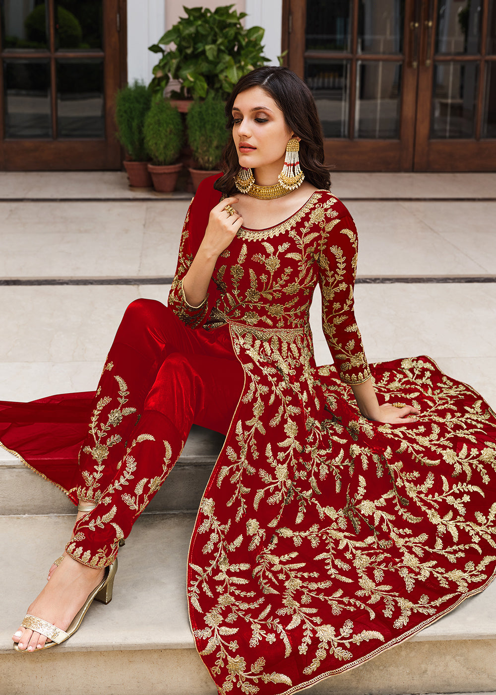 Buy Now Lovely Bright Red Designer Front Slit Anarkali Dress Online in USA, UK, Australia, New Zealand, Canada & Worldwide at Empress Clothing.