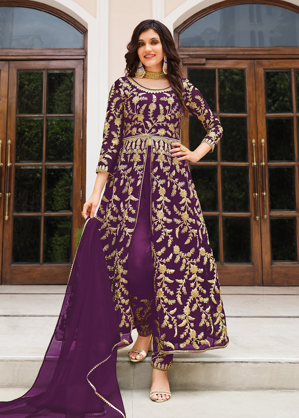 Buy Now Lovely Plum Purple Designer Front Slit Anarkali Dress Online in USA, UK, Australia, New Zealand, Canada & Worldwide at Empress Clothing. 