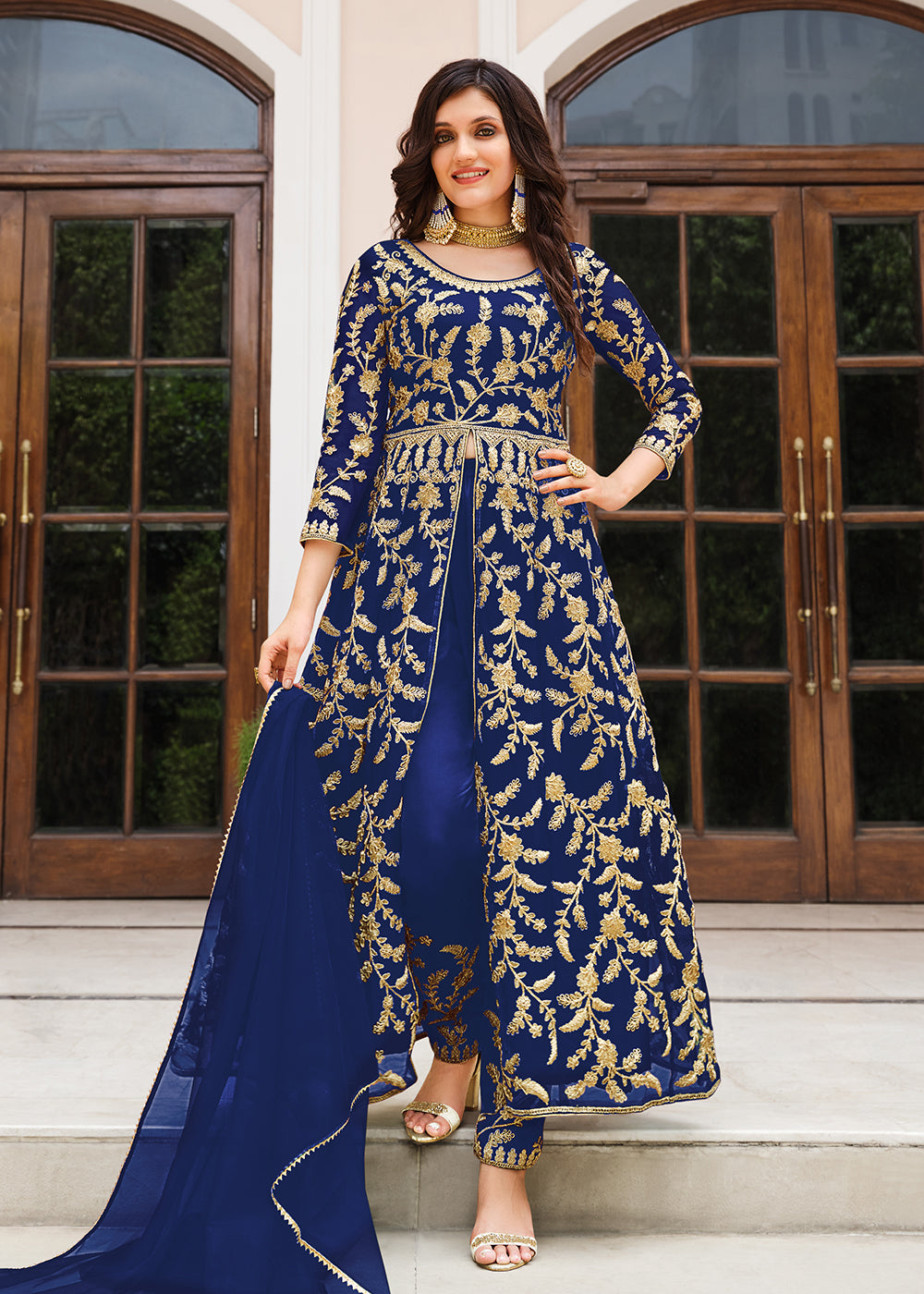 Buy Now Lovely Navy Blue Designer Front Slit Anarkali Dress Online in USA, UK, Australia, New Zealand, Canada & Worldwide at Empress Clothing.