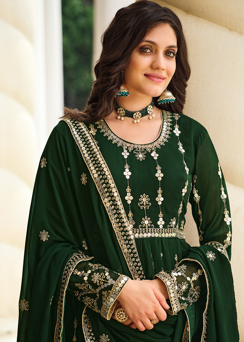 dark green anarkali dress Mehendi Green Chanderi Silk Anarkali Suit Set (Set of 3) ahiclothing