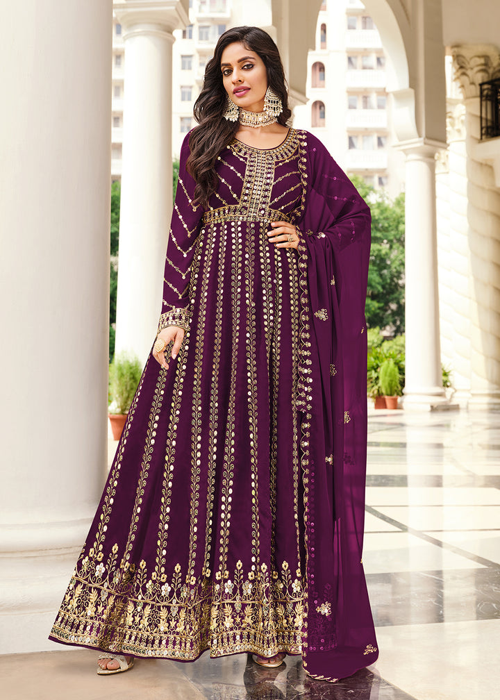 Buy Now Mesmeric Purple Sequins Wedding Pant Style Anarkali Suit Online in USA, UK, Australia, New Zealand, Canada & Worldwide at Empress Clothing.