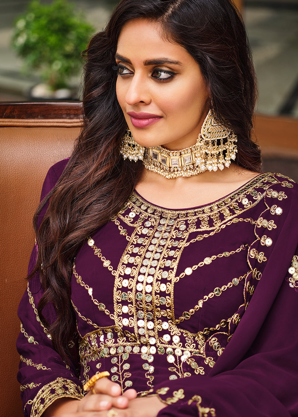 purple colour anarkali dress Meghna Purple Cotton embroidery Anarkali Suit Set XXL / Purple
