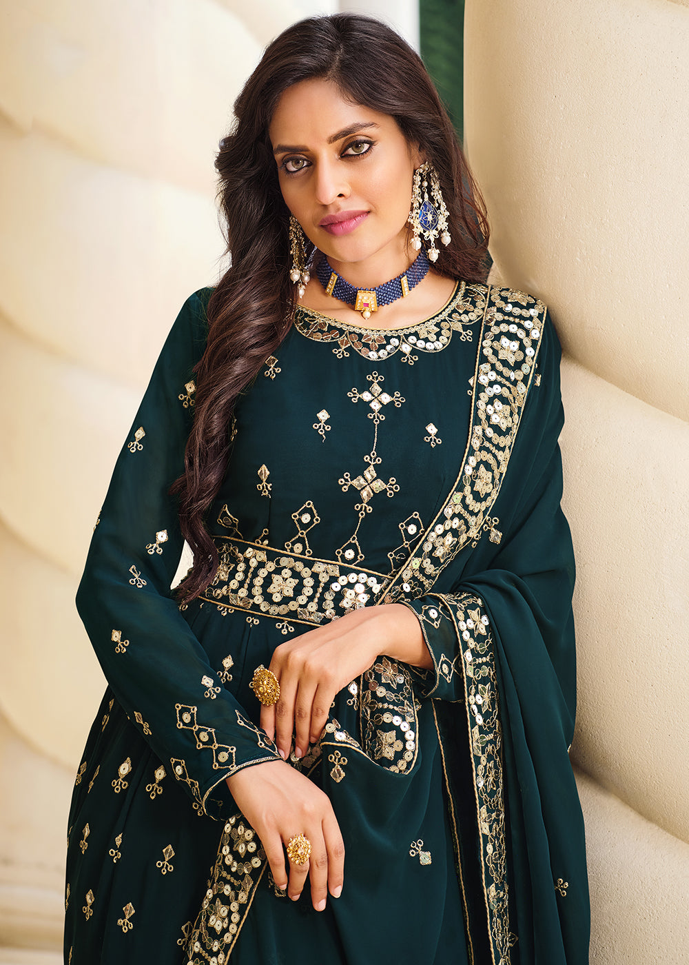 Buy Now Wondrous Teal Blue Sequins Wedding Pant Style Anarkali Suit Online in USA, UK, Australia, New Zealand, Canada & Worldwide at Empress Clothing.