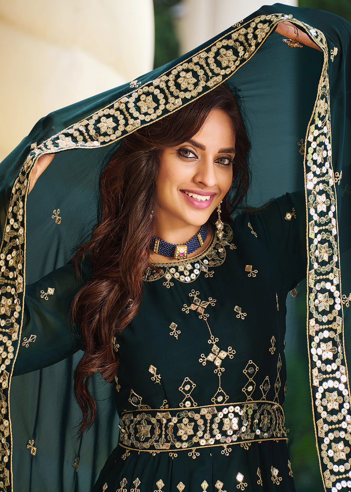 Buy Now Wondrous Teal Blue Sequins Wedding Pant Style Anarkali Suit Online in USA, UK, Australia, New Zealand, Canada & Worldwide at Empress Clothing.