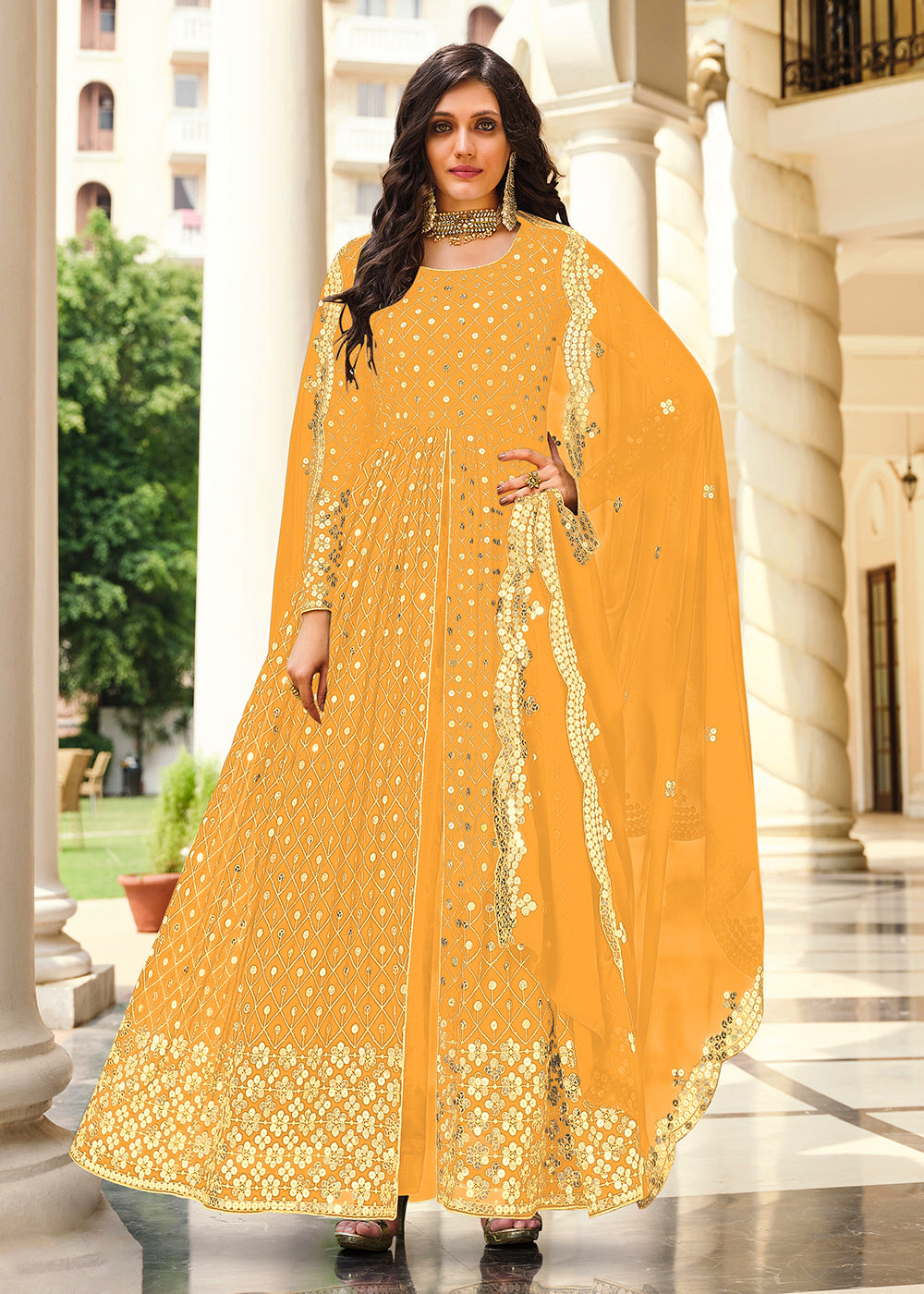 Buy Now Supreme Yellow Sequins Wedding Pant Style Anarkali Suit Online in USA, UK, Australia, New Zealand, Canada & Worldwide at Empress Clothing.