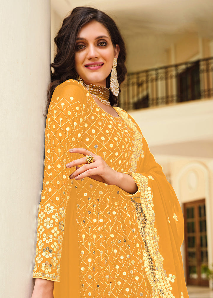 Buy Now Supreme Yellow Sequins Wedding Pant Style Anarkali Suit Online in USA, UK, Australia, New Zealand, Canada & Worldwide at Empress Clothing.