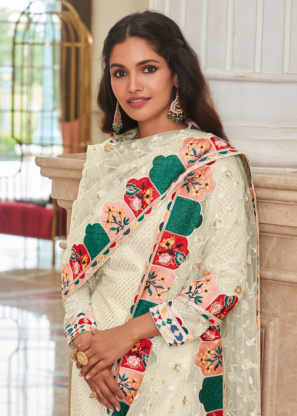 Buy Now Excellent Off White Traditional Sequins Eid Wear Salwar Suit Online in USA, UK, Canada, Germany, Australia & Worldwide at Empress Clothing.