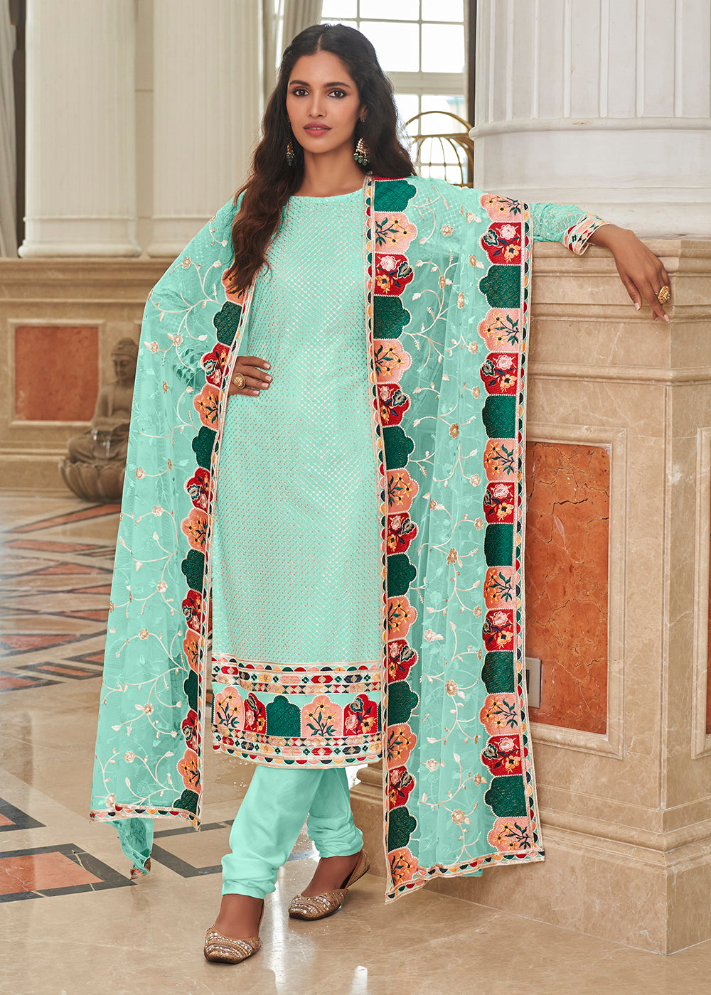 Buy Now Pretty Aqua Blue Traditional Sequins Eid Wear Salwar Suit Online in USA, UK, Canada, Germany, Australia & Worldwide at Empress Clothing. 