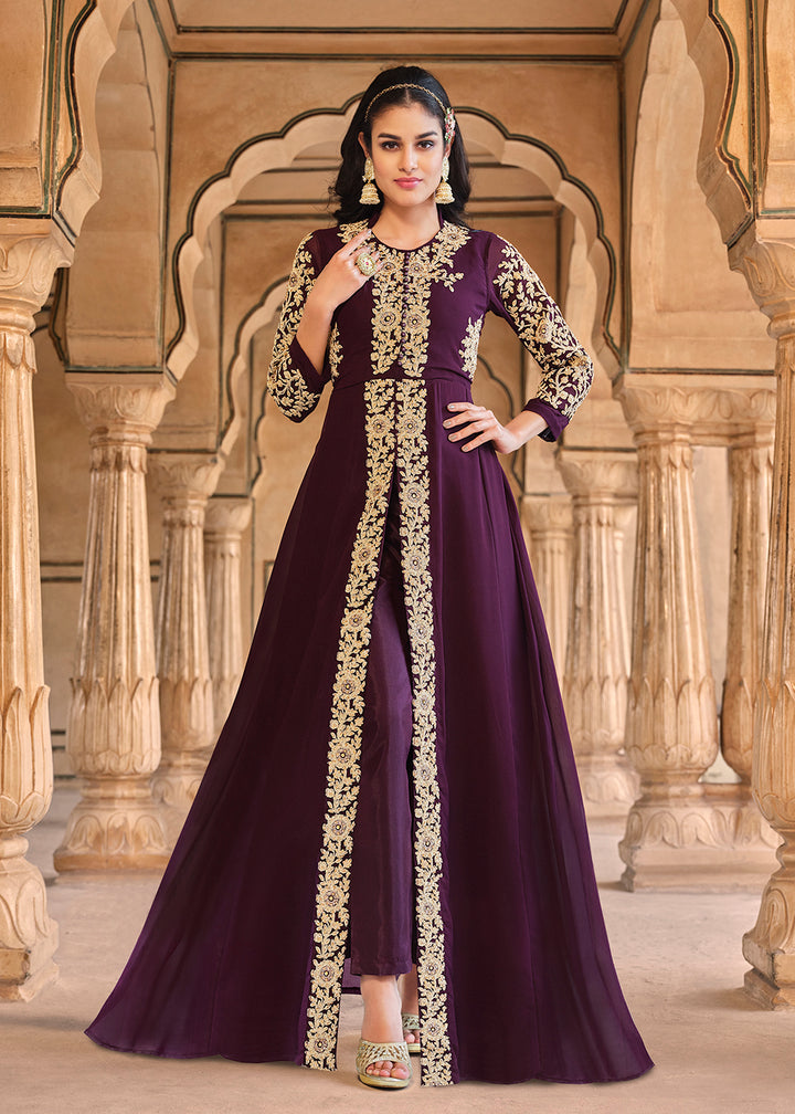 Buy Now Stone Embroidered Radiant Purple Slit Style Anarkali Suit Online in USA, UK, Australia, New Zealand, Canada, Italy & Worldwide at Empress Clothing. 