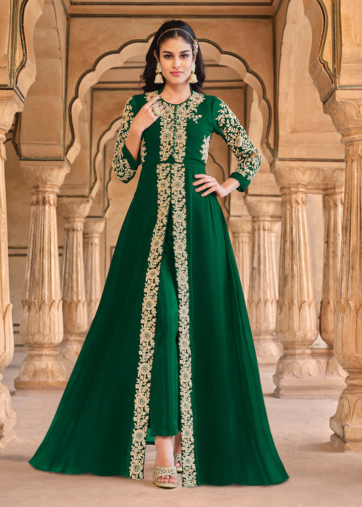 Buy Now Stone Embroidered Fetching Green Slit Style Anarkali Suit Online in USA, UK, Australia, New Zealand, Canada, Italy & Worldwide at Empress Clothing.