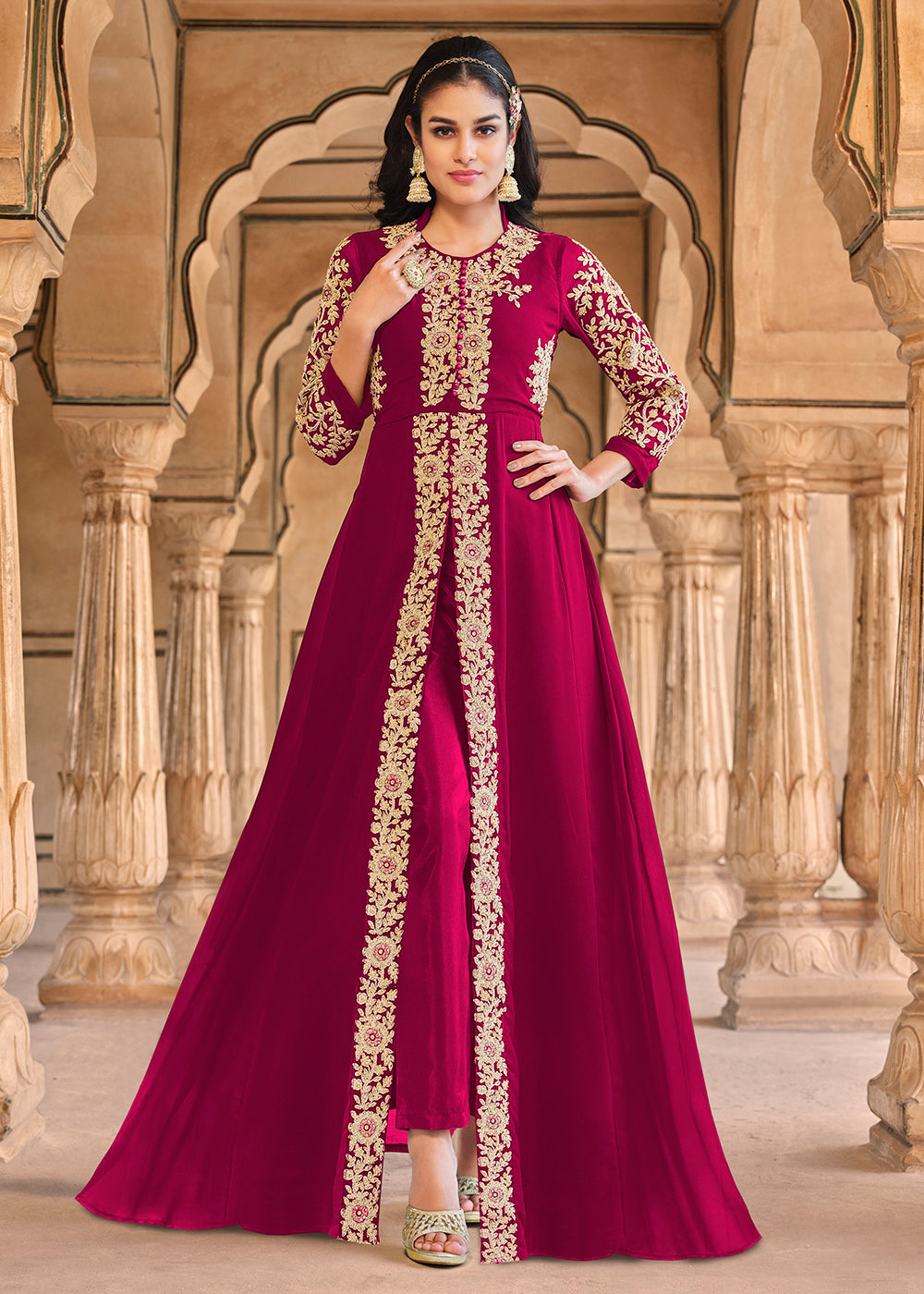 Buy Now Stone Embroidered Lovely Hot Pink Slit Style Anarkali Suit Online in USA, UK, Australia, New Zealand, Canada, Italy & Worldwide at Empress Clothing.