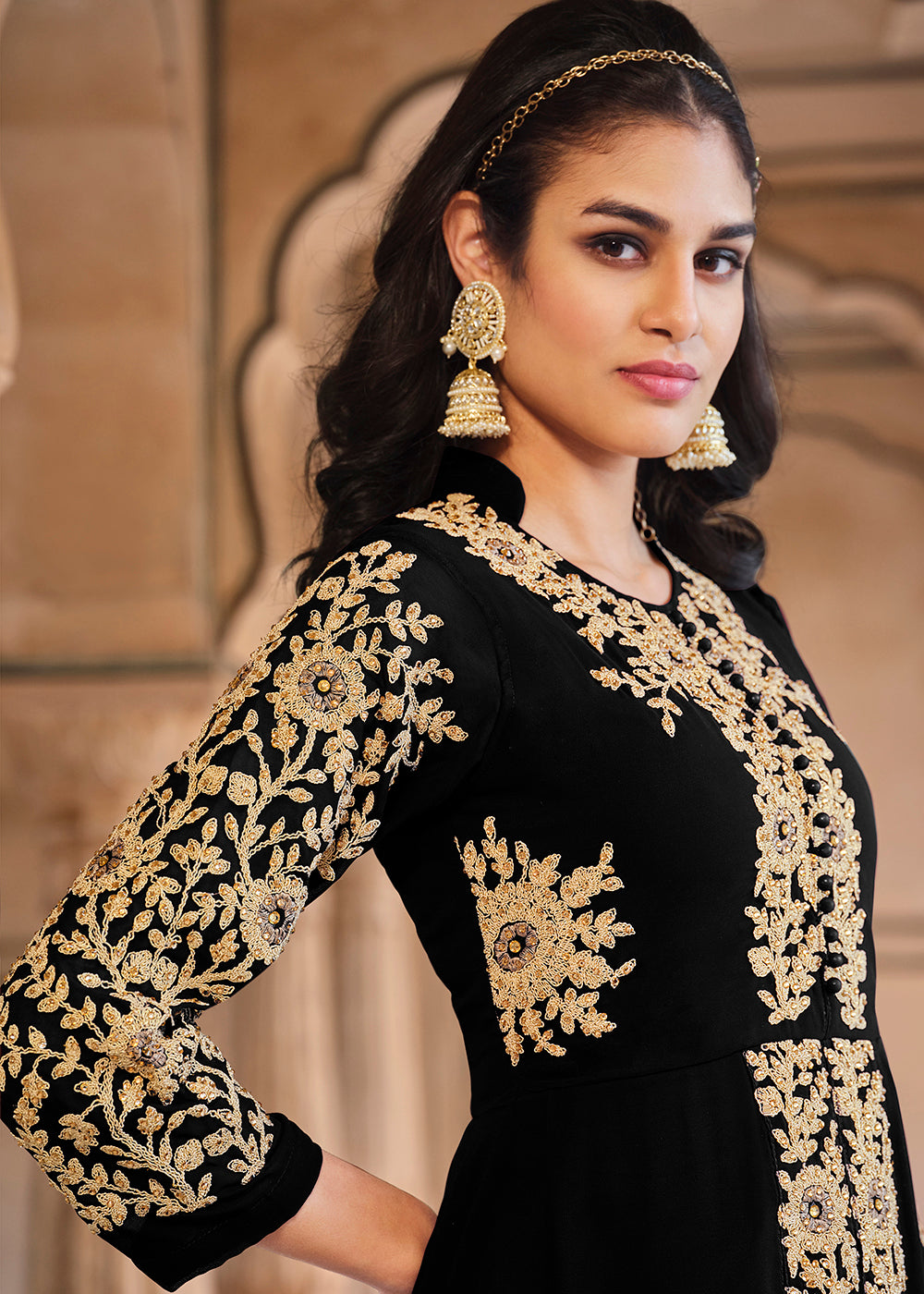 Buy Now Stone Embroidered Divine Black Slit Style Anarkali Suit Online in USA, UK, Australia, New Zealand, Canada, Italy & Worldwide at Empress Clothing. 