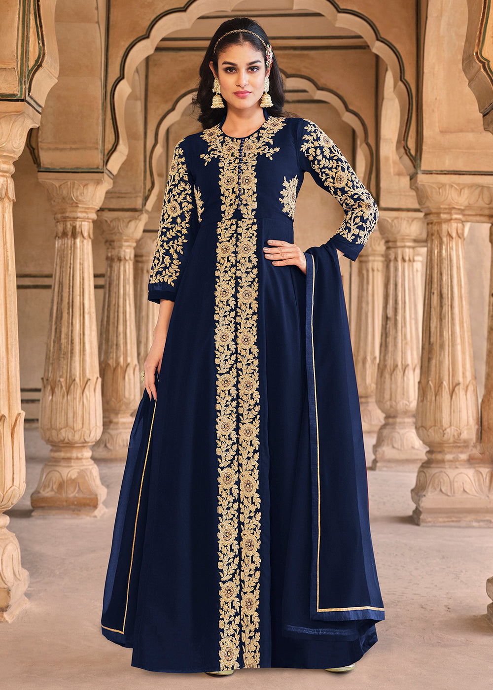 Buy Now Stone Embroidered Solid Navy Blue Slit Style Anarkali Suit Online in USA, UK, Australia, New Zealand, Canada, Italy & Worldwide at Empress Clothing. 