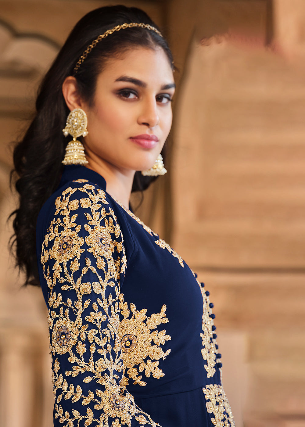 Buy Now Stone Embroidered Solid Navy Blue Slit Style Anarkali Suit Online in USA, UK, Australia, New Zealand, Canada, Italy & Worldwide at Empress Clothing. 