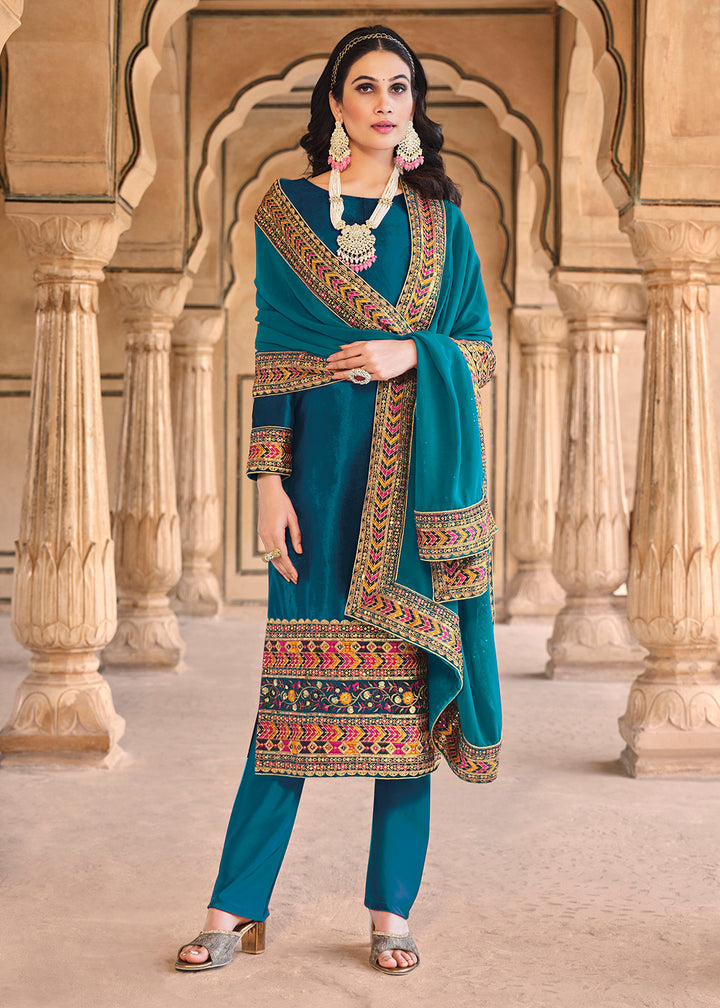 Buy Now Wedding Festive Velvet Turquoise Pant Style Salwar Suit Online in USA, UK, Canada, Germany, Australia & Worldwide at Empress Clothing.