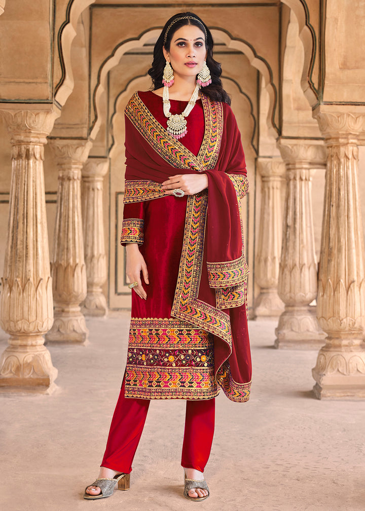 Buy Now Wedding Festive Velvet Red Pant Style Salwar Suit Online in USA, UK, Canada, Germany, Australia & Worldwide at Empress Clothing.