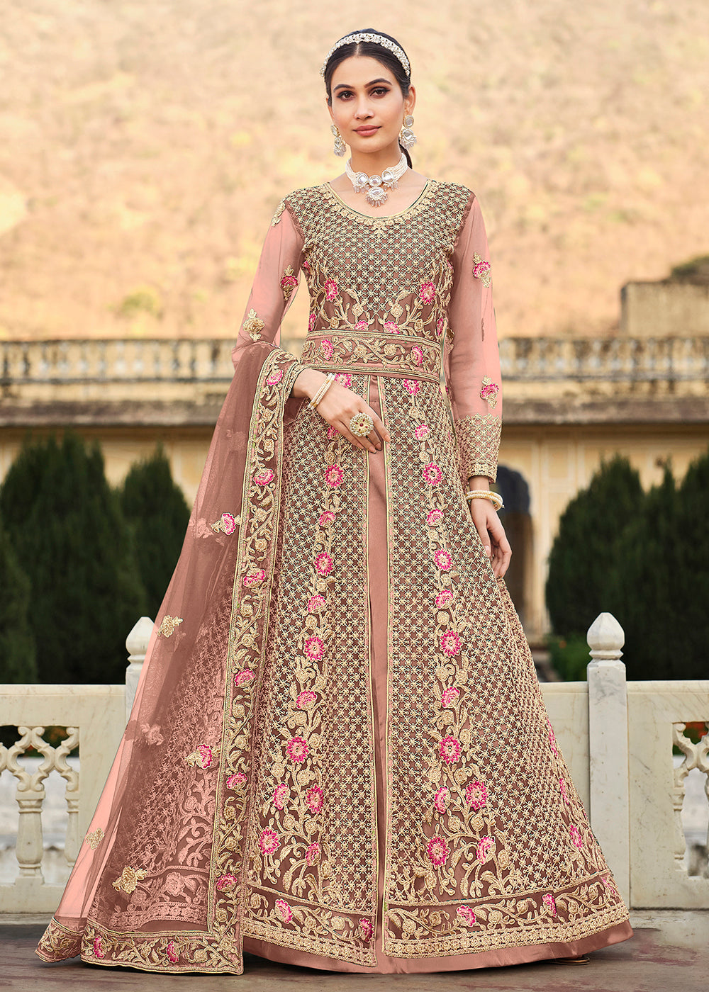 Buy Now Special Cord & Stone Work Rose Pink Slit Style Anarkali Suit Online in USA, UK, Australia, New Zealand, Canada, Italy & Worldwide at Empress Clothing. 