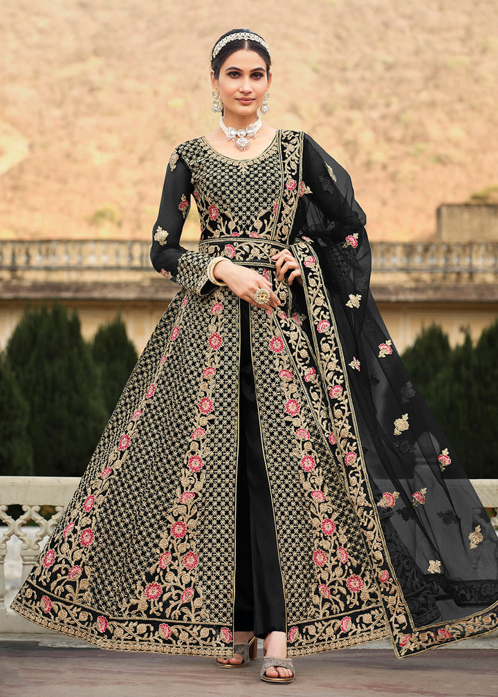 Buy Now Special Cord & Stone Work Black Slit Style Anarkali Suit Online in USA, UK, Australia, New Zealand, Canada, Italy & Worldwide at Empress Clothing. 