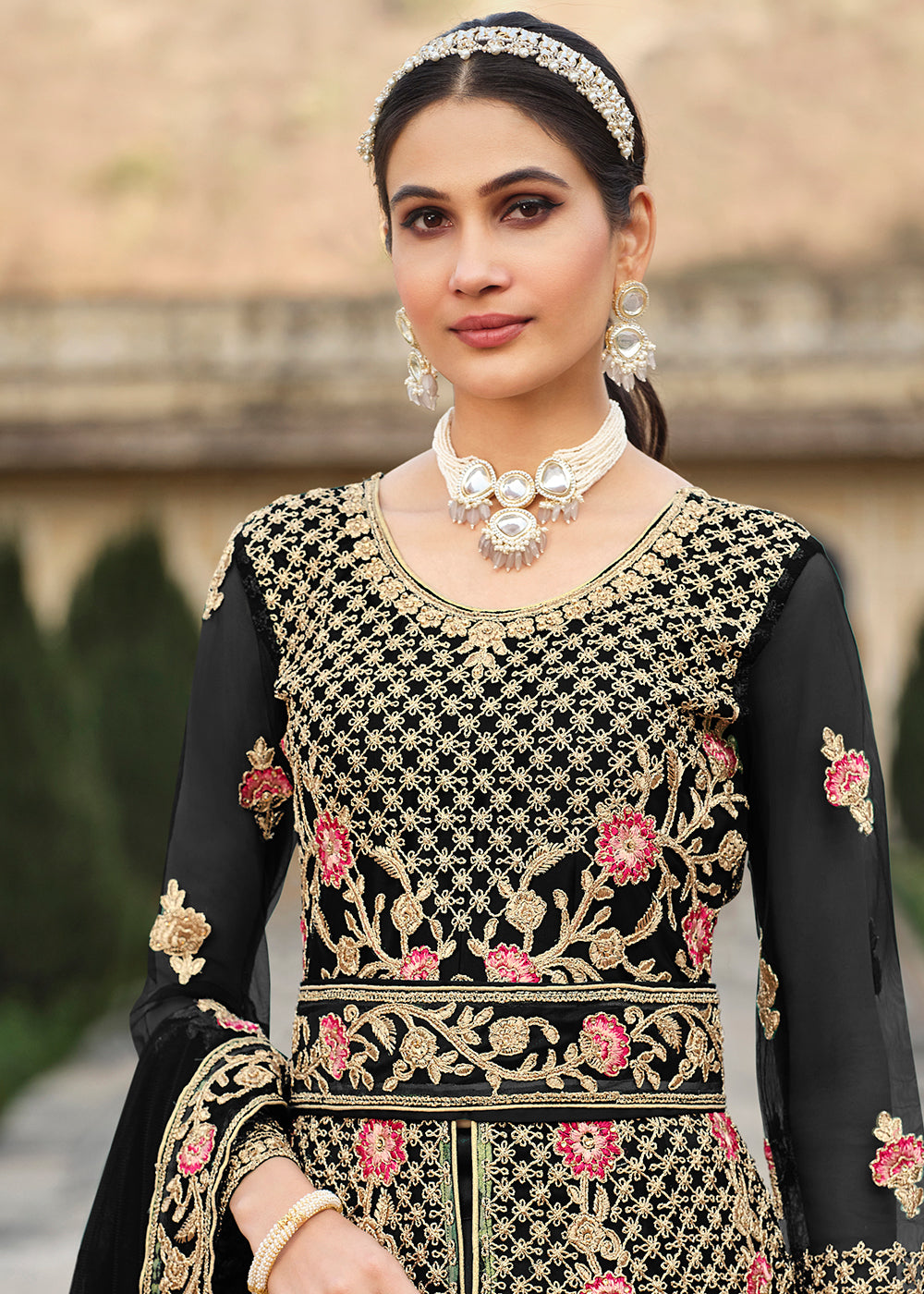 Buy Now Special Cord & Stone Work Black Slit Style Anarkali Suit Online in USA, UK, Australia, New Zealand, Canada, Italy & Worldwide at Empress Clothing. 