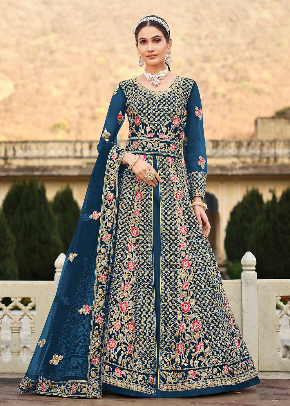 Buy Now Special Cord & Stone Work Dusty Blue Slit Style Anarkali Suit Online in USA, UK, Australia, New Zealand, Canada, Italy & Worldwide at Empress Clothing. 