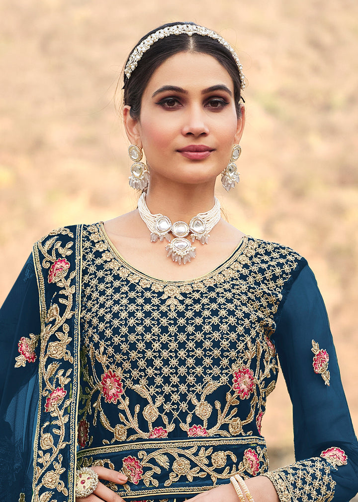 Buy Now Special Cord & Stone Work Dusty Blue Slit Style Anarkali Suit Online in USA, UK, Australia, New Zealand, Canada, Italy & Worldwide at Empress Clothing. 