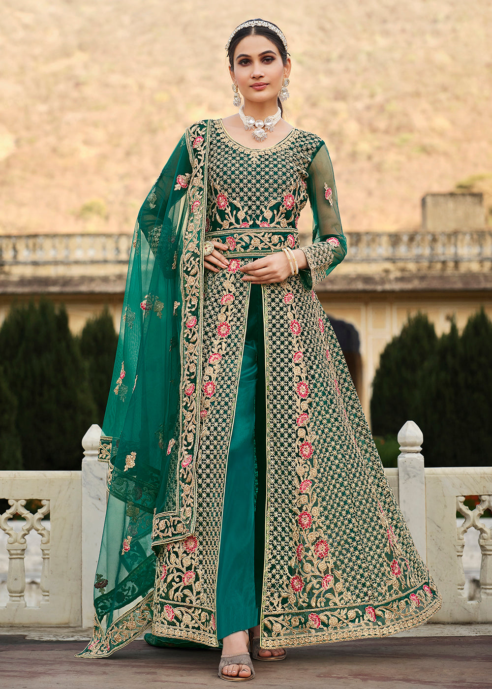 Buy Now Special Cord & Stone Work Green Slit Style Anarkali Suit Online in USA, UK, Australia, New Zealand, Canada, Italy & Worldwide at Empress Clothing. 