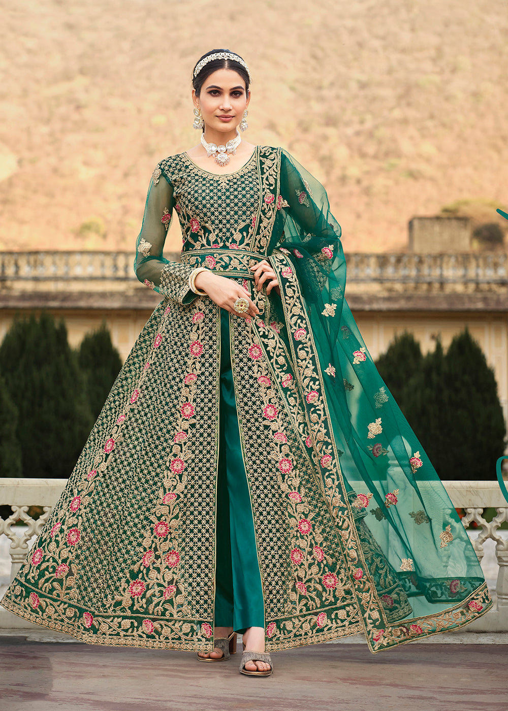 Buy Now Special Cord & Stone Work Green Slit Style Anarkali Suit Online in USA, UK, Australia, New Zealand, Canada, Italy & Worldwide at Empress Clothing. 