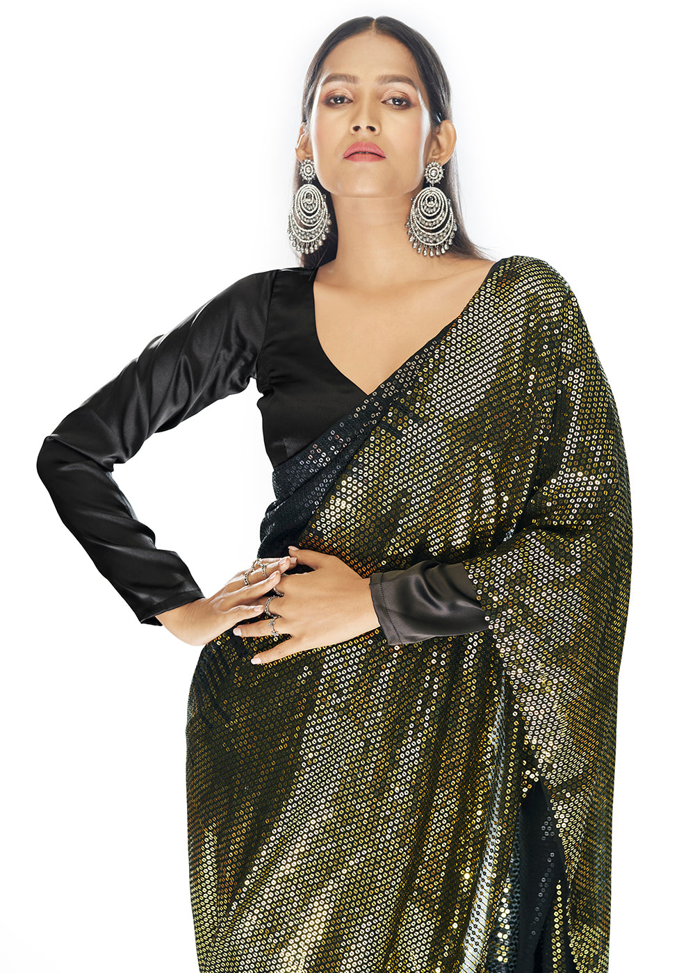 Buy Now Luxe Black & Golden Georgette Sequins Party Wear Saree Online in USA, UK, Canada & Worldwide at Empress Clothing. 