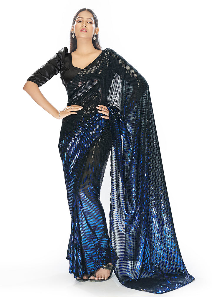 Buy Now Luxe Black & Blue Georgette Sequins Party Wear Saree Online in USA, UK, Canada & Worldwide at Empress Clothing. 