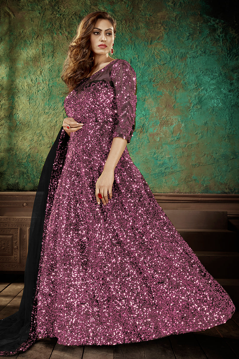 Buy Pinkish Purple Party Wear Gown - Sequins Net Anarkali Gown