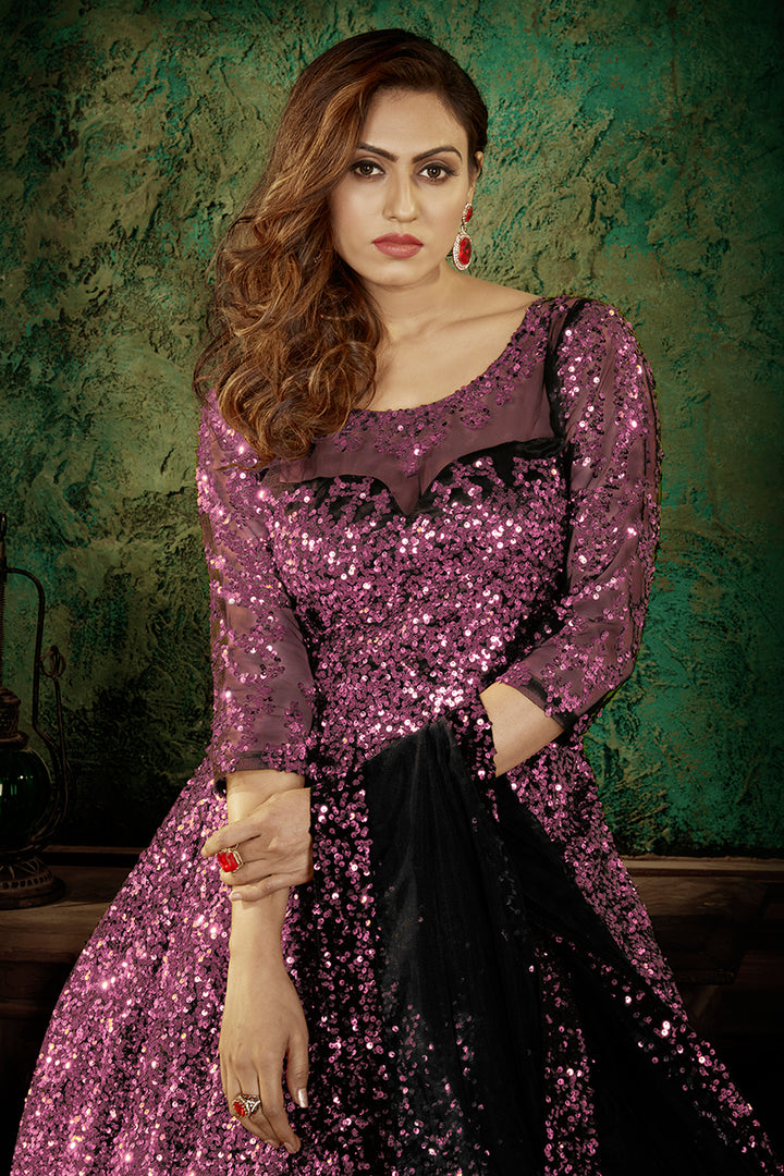 Buy Pinkish Purple Party Wear Gown - Sequins Net Anarkali Gown