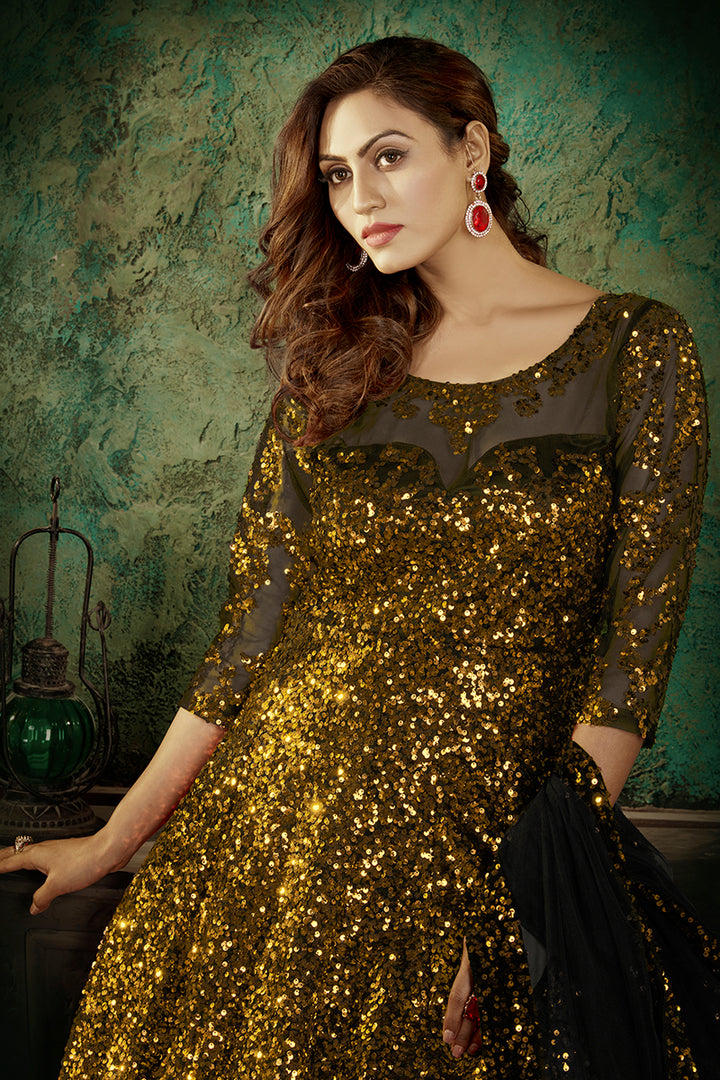 Buy Lush Golden Party Wear Gown - Sequins Net Anarkali Gown