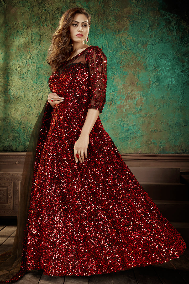 Buy Bright Red Party Wear Gown - Sequins Net Anarkali Gown