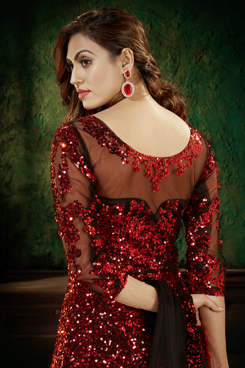 Buy Bright Red Party Wear Gown - Sequins Net Anarkali Gown