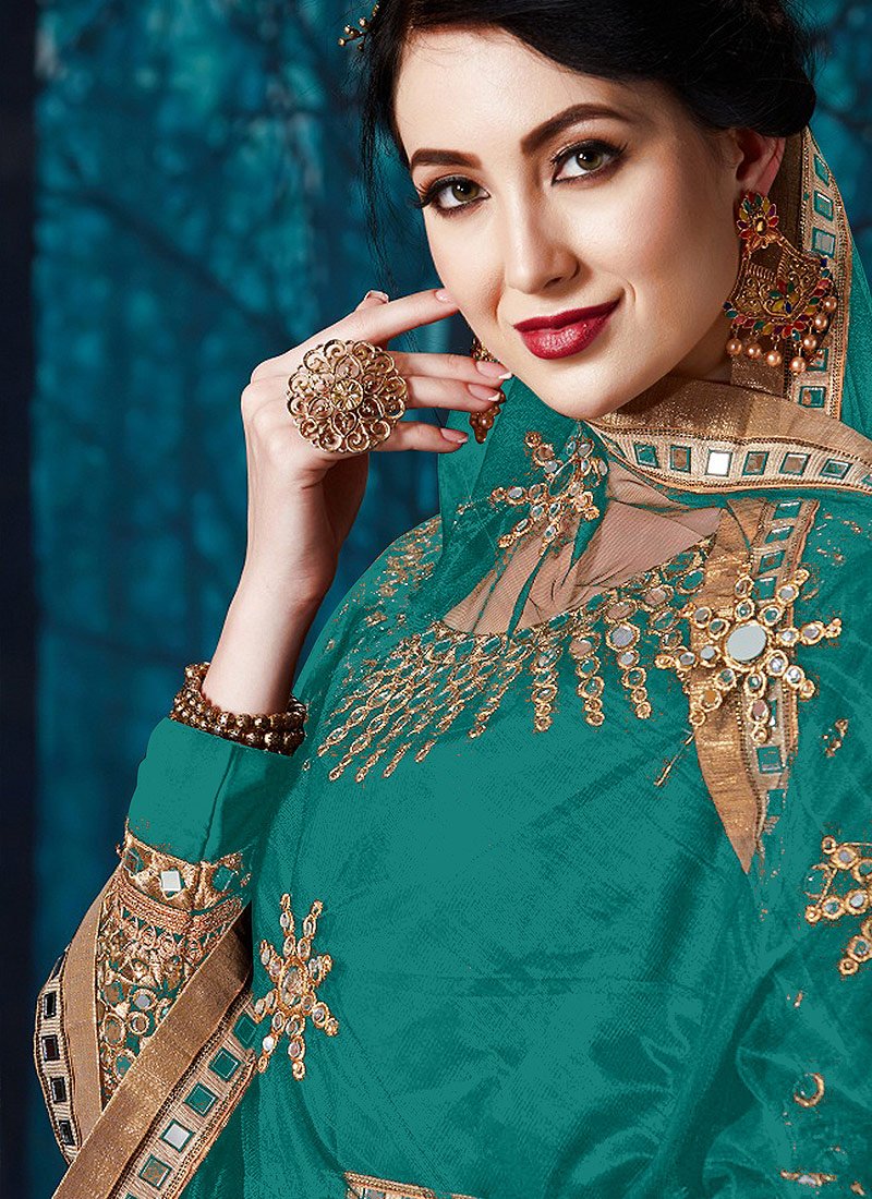 Buy Mirror Work Persian Green Anarkali - Faux Georgette Anarkali Suit