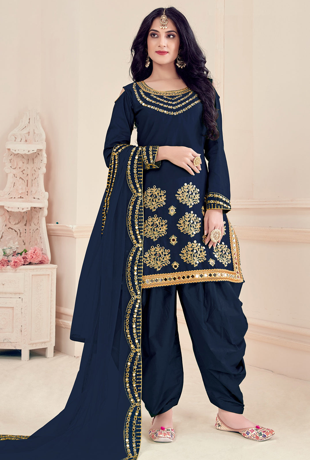 Buy Art Silk Navy Blue Suit - Embroidered Punjabi Patiala Suit