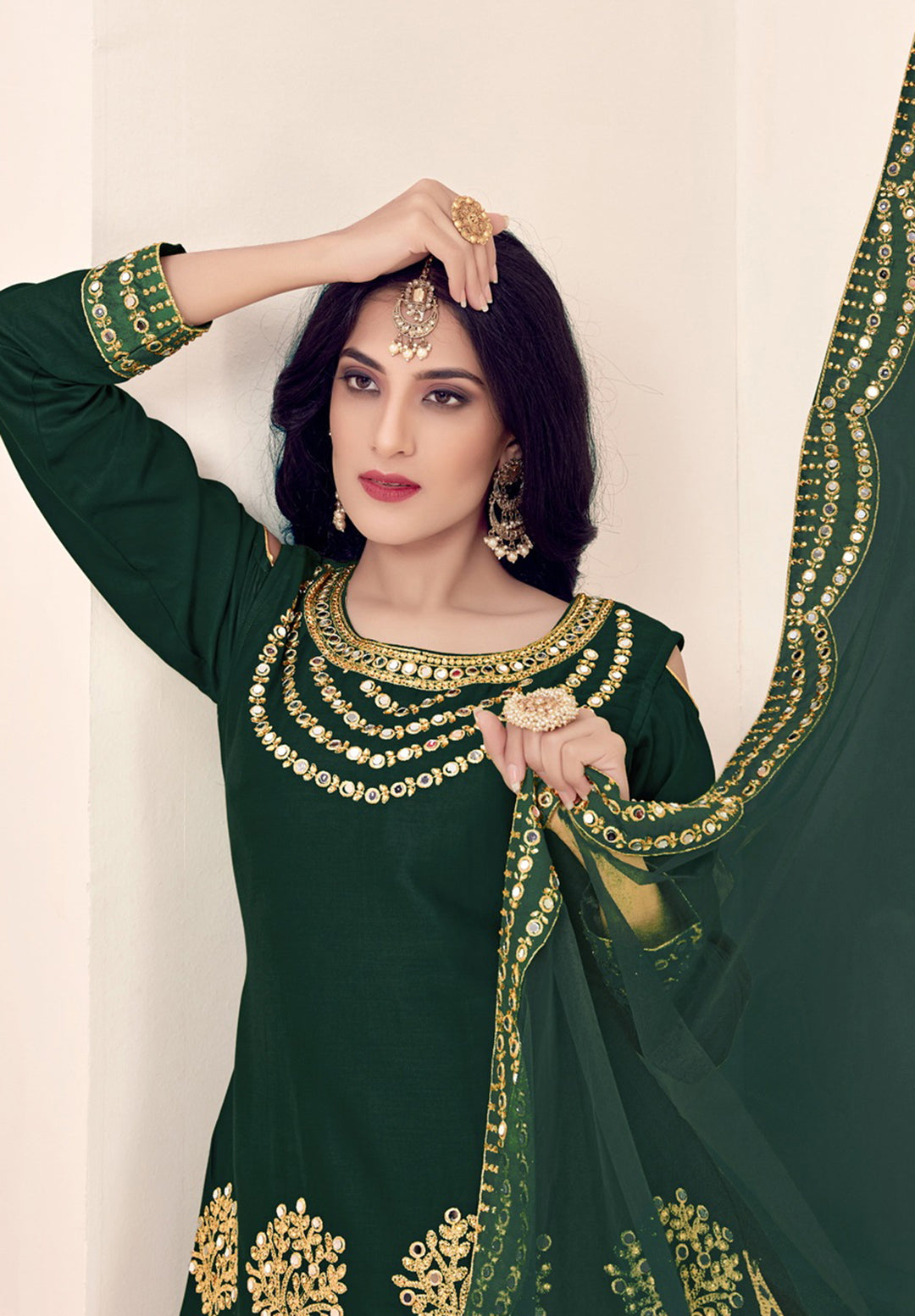 Buy Art Silk Bottle Green Suit Embroidered Punjabi Patiala Suit