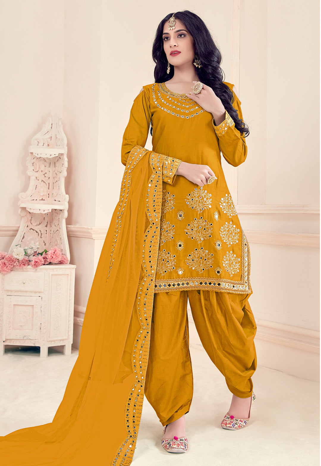 Buy Art Silk Mustard Yellow Suit - Embroidered Punjabi Patiala Suit