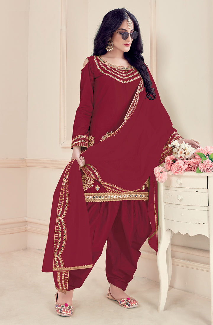 Buy Art Silk Maroon Suit - Embroidered Punjabi Patiala Suit