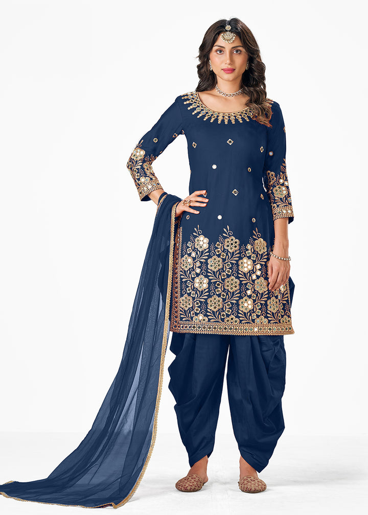Buy Blue Patiala Style Silk Embroidered Suit - Punjabi Salwar Suit