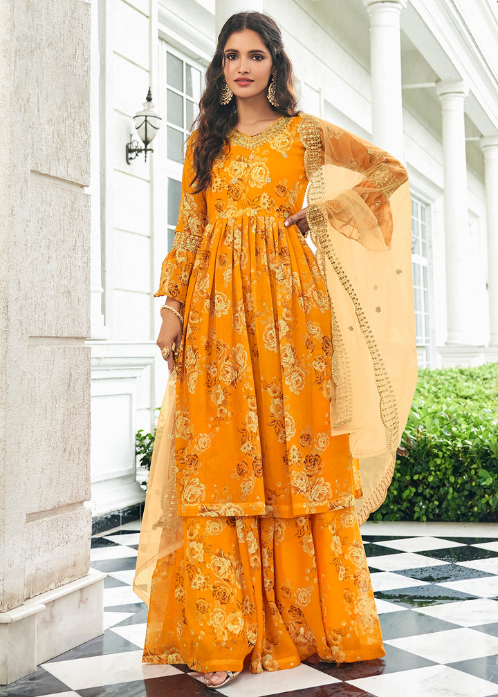 Shop Now Floral Printed Haldi Yellow Trendy Sharara Suit for Wedding Online at Empress Clothing in USA, UK, Canada & Worldwide.