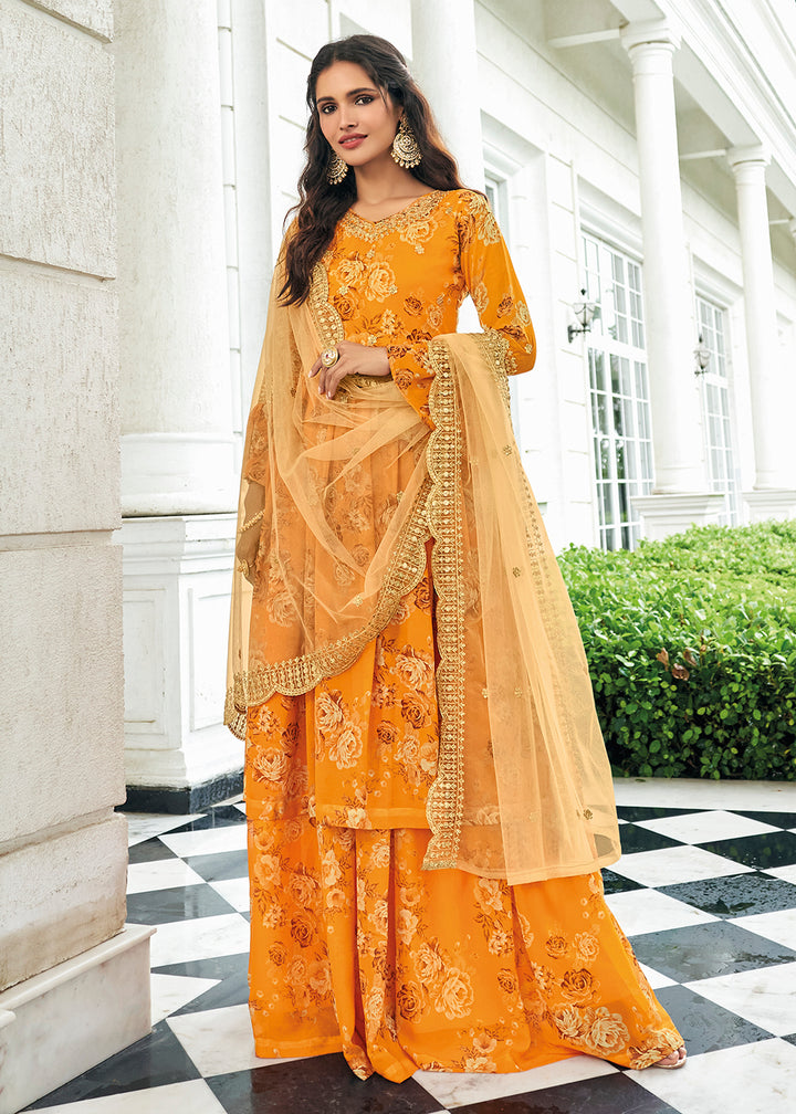 Shop Now Floral Printed Haldi Yellow Trendy Sharara Suit for Wedding Online at Empress Clothing in USA, UK, Canada & Worldwide.