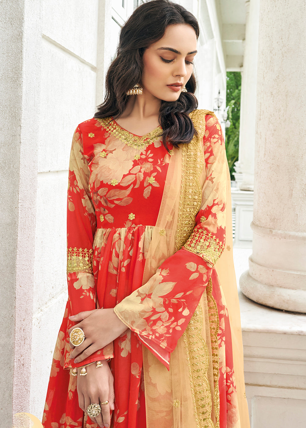 Shop Now Floral Printed Memorable Red Trendy Sharara Suit for Wedding Online at Empress Clothing in USA, UK, Canada & Worldwide.